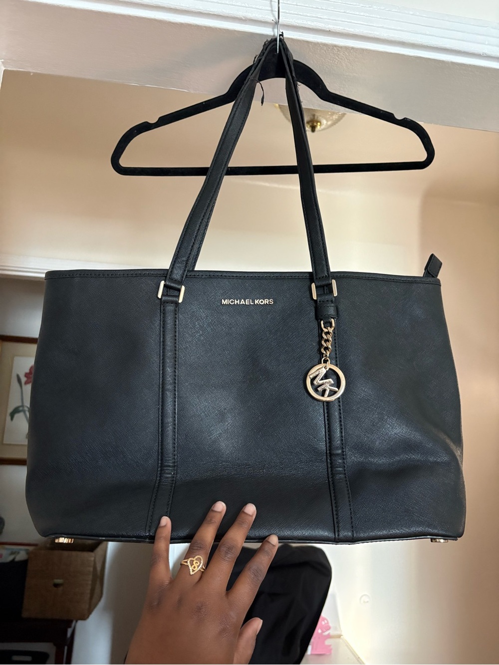 Michael Kors Black Leather Tote with Gold Charm